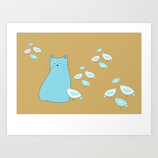 Cat and birds Art Print