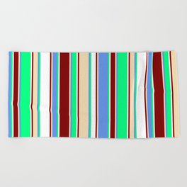 [ Thumbnail: Vibrant Green, Cornflower Blue, Tan, Maroon, and White Colored Lines Pattern Beach Towel ]