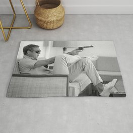 Steve McQueen, Gun, Sunglasses, Retro, Black and White, Photograph Rug