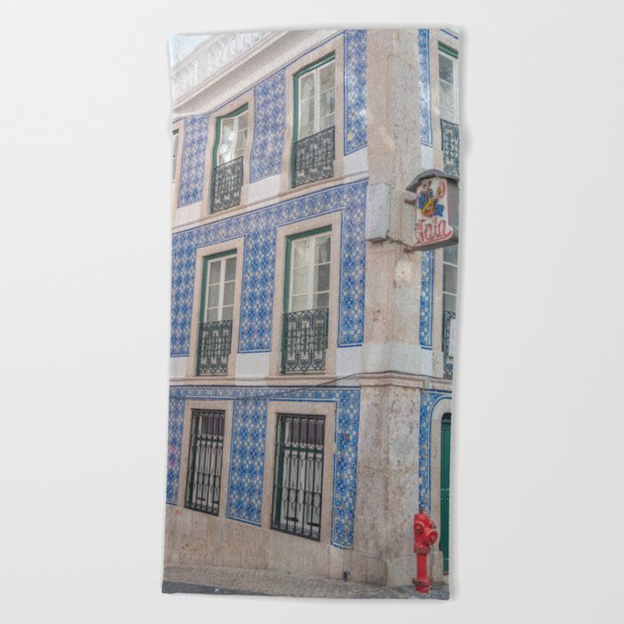 Blue azulejos on a corner building in Alfama, Lisbon, Portugal - street and travel photography Beach Towel