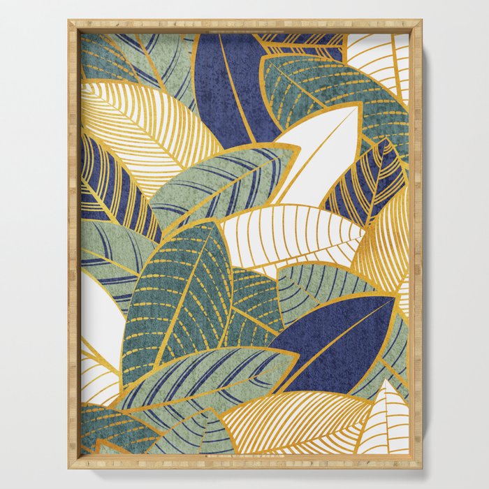 Leaf wall // navy blue pine and sage green leaves golden lines Serving Tray