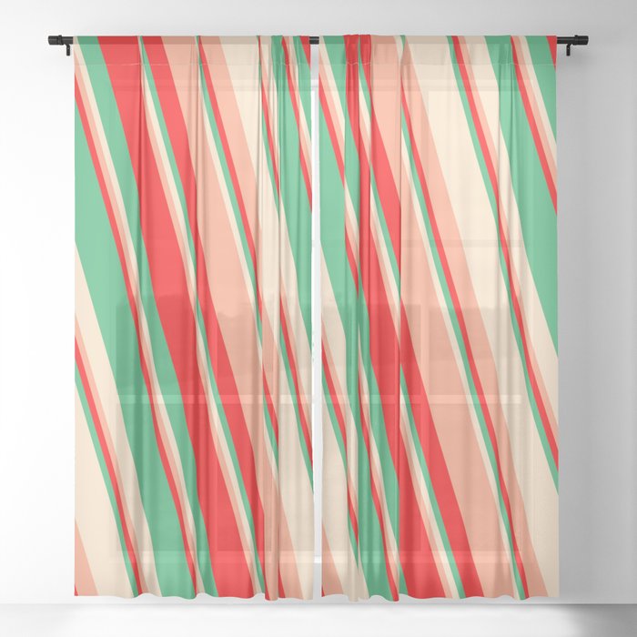Red, Sea Green, Bisque & Light Salmon Colored Lines/Stripes Pattern Sheer Curtain