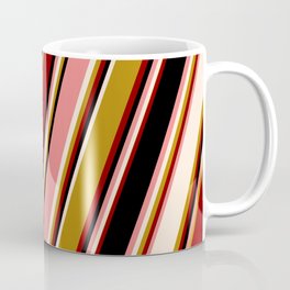 [ Thumbnail: Vibrant Light Coral, Beige, Dark Goldenrod, Dark Red & Black Colored Lines/Stripes Pattern Coffee Mug ]