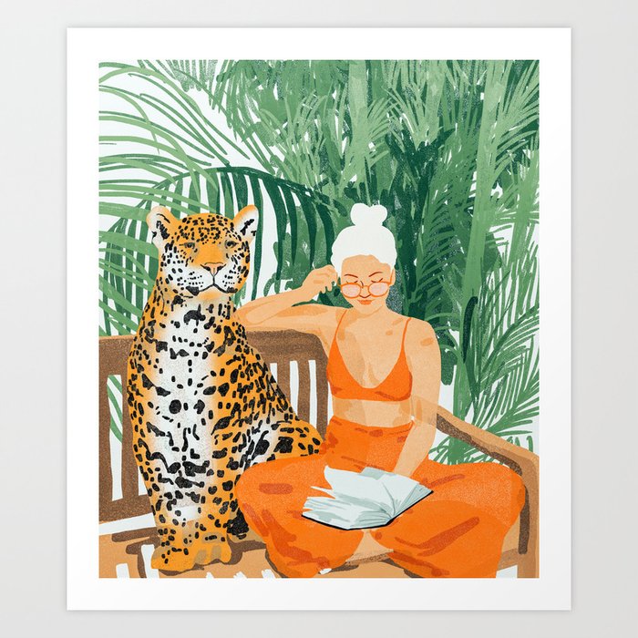 Jungle Vacay | Modern Bohemian Blonde Woman Tropical Travel | Leopard Wildlife Forest Reader Art Print