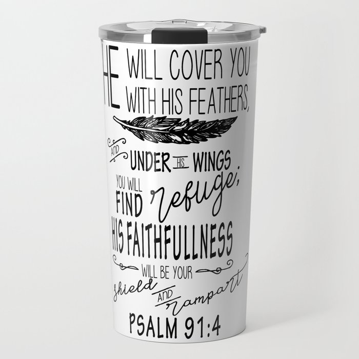Psalm 91:4 Christian Bible Verse Typography Design Travel Mug