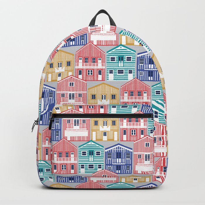 Colourful Portuguese houses // light grey background rob roy yellow mandy red electric blue and peacock teal Costa Nova inspired houses Backpack