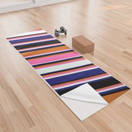 [ Thumbnail: Chocolate, Hot Pink, Mint Cream, Midnight Blue & Black Colored Lines/Stripes Pattern Yoga Towel ]