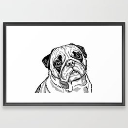 Cute Pug Dog Black and White Pop Art, Line Drawing Portrait of a Pug Framed Art Print