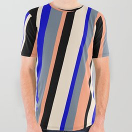 [ Thumbnail: Colorful Blue, Slate Gray, Light Salmon, Black, and Beige Colored Lined/Striped Pattern All Over Graphic Tee ]