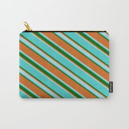 [ Thumbnail: Turquoise, Dark Green, Chocolate & Powder Blue Colored Lines Pattern Carry-All Pouch ]