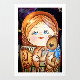 Matrioska. Little girl with teddy bear. Art Print