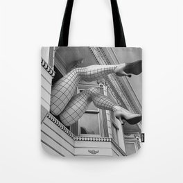I know what you did last summer; high heel feet and legs out the window humorous black and white photograph - photography - photographs Tote Bag