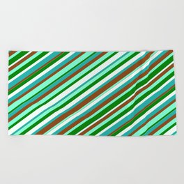 [ Thumbnail: Colorful Light Sea Green, Brown, Aquamarine, Green & Mint Cream Colored Lined/Striped Pattern Beach Towel ]