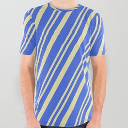 [ Thumbnail: Royal Blue & Pale Goldenrod Colored Stripes/Lines Pattern All Over Graphic Tee ]
