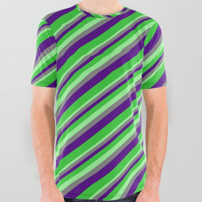 Green, Gray, Indigo, and Lime Green Colored Stripes Pattern All Over Graphic Tee