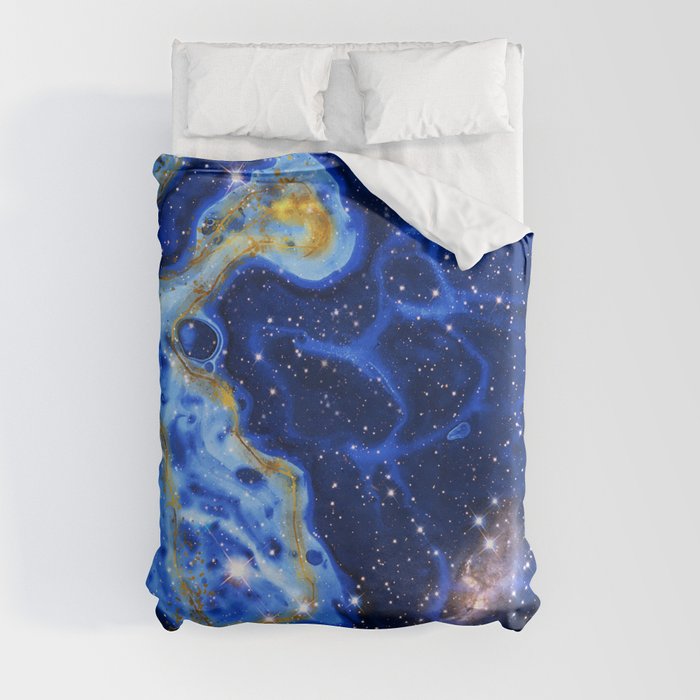 Neon marble space #4: blue, gold, stars Duvet Cover