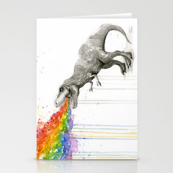 T-Rex Dinosaur Rainbow Puke Taste the Rainbow Watercolor Stationery Cards