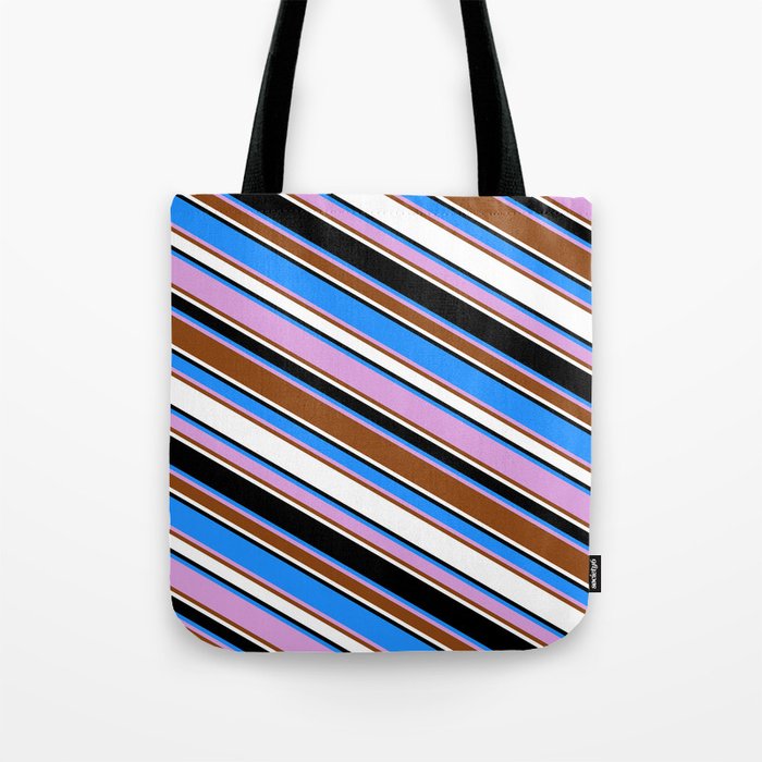 Blue, Plum, Brown, White & Black Colored Lined/Striped Pattern Tote Bag