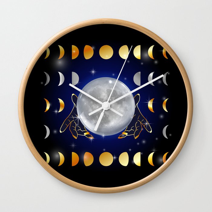 Moon phases magic womans hands on third eye reading crystal ball Wall Clock