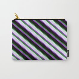 [ Thumbnail: Forest Green, Lavender, Dark Orchid, and Black Colored Striped Pattern Carry-All Pouch ]