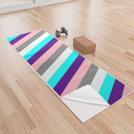 [ Thumbnail: Colorful Indigo, Cyan, Mint Cream, Grey, and Light Pink Colored Lined/Striped Pattern Yoga Towel ]