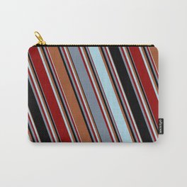 [ Thumbnail: Sienna, Light Blue, Dark Red, Light Slate Gray, and Black Colored Pattern of Stripes Carry-All Pouch ]