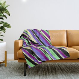 [ Thumbnail: Light Green, Purple, Slate Blue, Pale Goldenrod, and Black Colored Lines/Stripes Pattern Throw Blanket ]