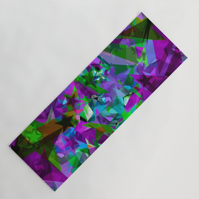 Bright Purple Stars From Foil On Green Shards Of Glass Yoga Mat By Grachyhamr