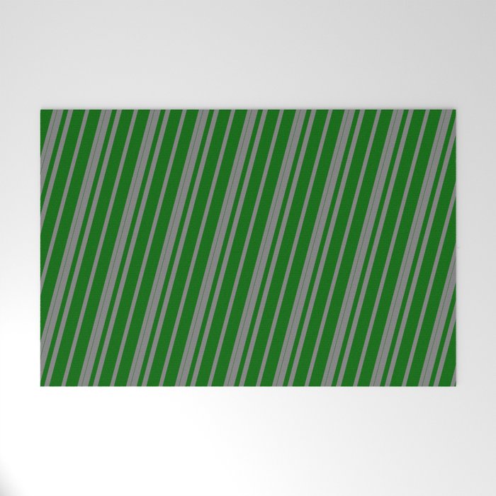Gray and Dark Green Colored Lined Pattern Welcome Mat