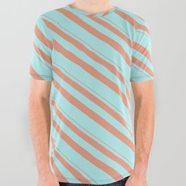 [ Thumbnail: Dark Salmon & Turquoise Colored Lines Pattern All Over Graphic Tee ]