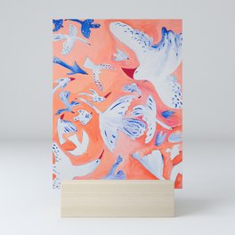 Bluebirds and White Gulls on Orange Sunrise Original Maximalist Painting Mini Art Print