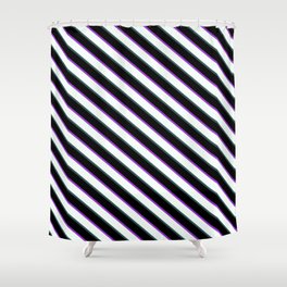 [ Thumbnail: Dark Orchid, Mint Cream, Dark Slate Gray & Black Colored Lined/Striped Pattern Shower Curtain ]