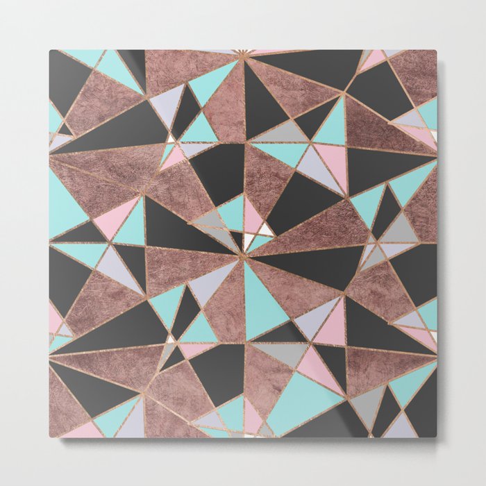 Geometrical abstract teal pink gray rose gold triangles Metal Print