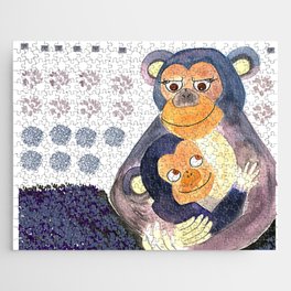 Mother chimpanzee and son - watercolor animals-monkey Jigsaw Puzzle