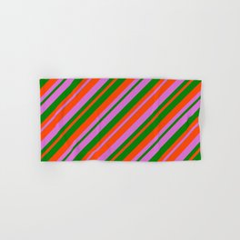 [ Thumbnail: Orchid, Green & Red Colored Stripes/Lines Pattern Hand & Bath Towel ]