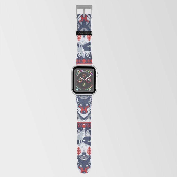Fair isle knitting grey wolf // navy blue and grey wolves red moons and pine trees Apple Watch Band