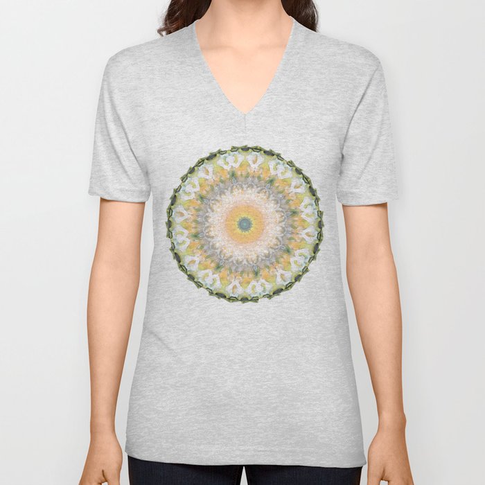 White Lily Mandala - Peach And Green Art V Neck T Shirt