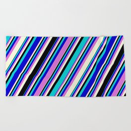 [ Thumbnail: Eye-catching Dark Turquoise, Blue, Orchid, Beige, and Black Colored Stripes Pattern Beach Towel ]