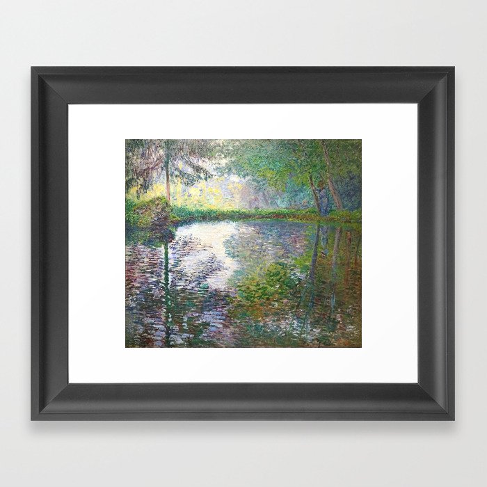 The Pond at Montgeron; autumn leaves mirrored reflection in pond landscape nature painting by Claude Monet Framed Art Print