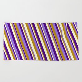 [ Thumbnail: Indigo, Purple, Dark Goldenrod & Light Yellow Colored Lined Pattern Beach Towel ]