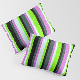 [ Thumbnail: Dark Slate Gray, Orchid, Light Cyan, Chartreuse & Black Colored Lines/Stripes Pattern Pillow Sham ]