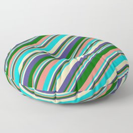 [ Thumbnail: Colorful Salmon, Dark Turquoise, Tan, Dark Slate Blue & Dark Green Colored Lines/Stripes Pattern Floor Pillow ]