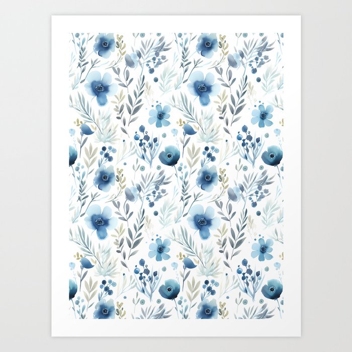 Blue Flowers Watercolor Digital Painting Pattern Art Print