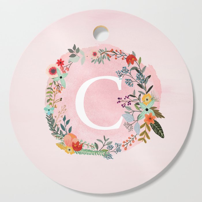 Flower Wreath with Personalized Monogram Initial Letter C on Pink Watercolor Paper Texture Artwork Cutting Board