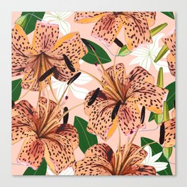 Tiger Lillies, Tropical Blush Botanical Illustration, Polka Dots Nature Vibrant Floral Jungle Canvas Print