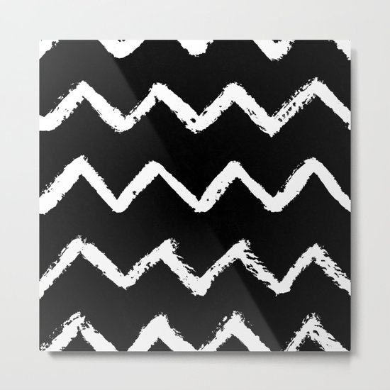 Chevron Stripes White on Black Metal Print