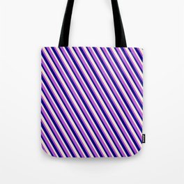 [ Thumbnail: Orchid, Blue & Beige Colored Striped Pattern Tote Bag ]