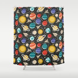 Paper space adventure I // black background multicoloured solar system paper cut planets origami paper spaceships and rockets  Shower Curtain