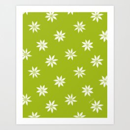Retro White Flowers on Bright Green, Vintage Mid Century Flower Power Pattern , 50s , 60s , 70s Print Art Print