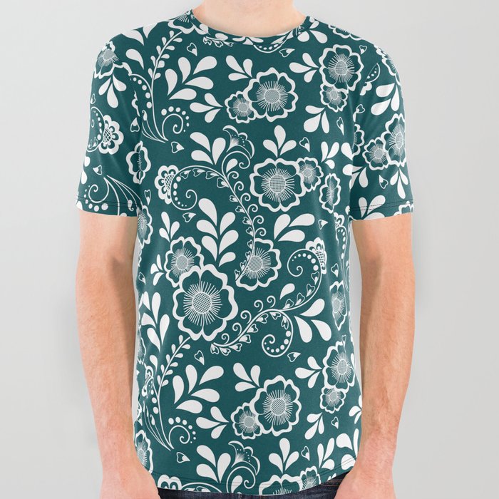 Teal Blue And White Eastern Floral Pattern All Over Graphic Tee